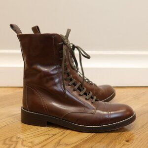 THEORY brown leather boots lace up combat 37 zip retro preppy academia cottage